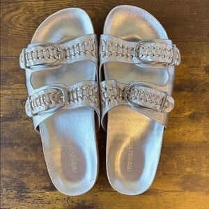 Veronica Beard Silver Paige Slides Sandals Shoes